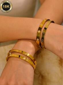 TONSI 1pc 18K Gold Plated Open Cuff Bracelet, Stainless Steel Open Bracelet, Screw Design, Unisex, Stainless Steel Bracelet With Cubic Zirconia - Gold - View 1