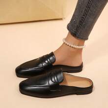 Women's Minimalist Solid Color Loafer Mule Shoes, Casual Commute Flat Closed-Toe Slip-On - Black - View 14