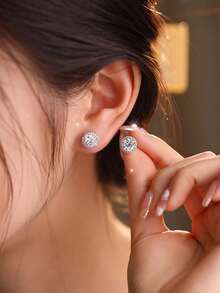 CVNANA 1 Pair Gold/Silver Copper Round CZ Halo Stud Earrings, Minimalist Elegant Unisex Style, Suitable For Daily Wear, Party, Wedding And Valentine's Day Gift - A - View 1