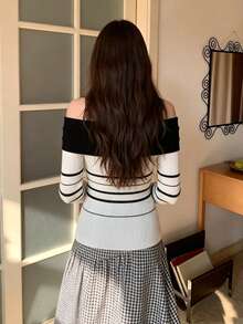 Atasan Dalaman Rajut Lengan Panjang Seksi Model Slim Fit Bahu Terbuka untuk Musim Gugur/Dingin - Putih - View 11