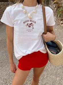 女款夏季 Bondi Beach 印花休閒簡約寬鬆日常街頭風短袖 T-shirt 上衣，白色沙灘上衣 - 白色 - 查看 3