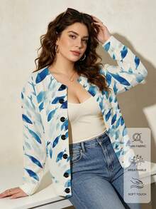 ASHKATIA Women's Plus-Size Vintage Cardigan Sweater, Fall Winter Knit For Social Occasions Blue Little Fish Pattern - Multicolor - View 6