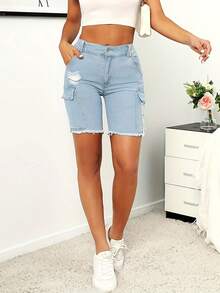 Pantalones cortos vaqueros de carga hasta la rodilla mujer talle alto con roturas deshilachadas, lavado claro elástico con bolsillos laterales para looks callejeros diarios. - Lavado ligero - Ver 1