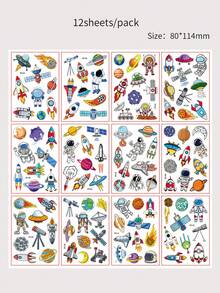 12pcs Cartoon Space Rocket Temporary Waterproof Tattoo Stickers, Astronaut Realistic Tattoo Decals, Fun Party Gifts - Multicolor - View 10