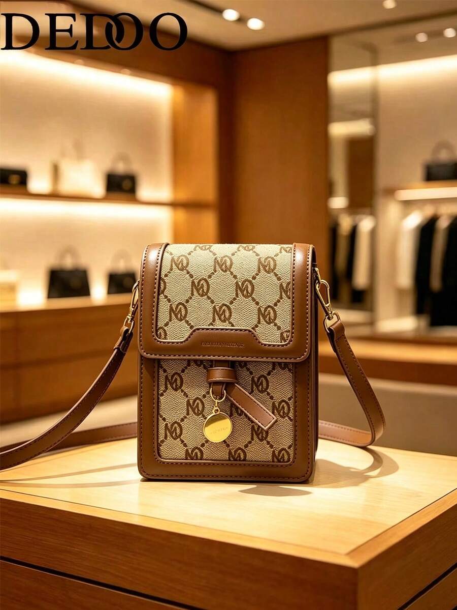 Dedoo Mini Printed Flap Crossbody Phone Bag, Metal Pendant Decor, Adjustable Shoulder Strap, Compact Daily Shoulder Bag - Brown - View 1
