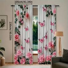 2pcs High Definition Digital Sweet Girl Style Pink Rose Butterfly Print Decorative Curtains, Polyester Material, Easy To Install, Rod Pocket Hanging, Semi-Transparent Privacy Protection, Machine Washable And Hand Washable, Suitable For Bedroom, Office, Kitchen, Living Room, Study, Home Decor. - Multicolor - View 15
