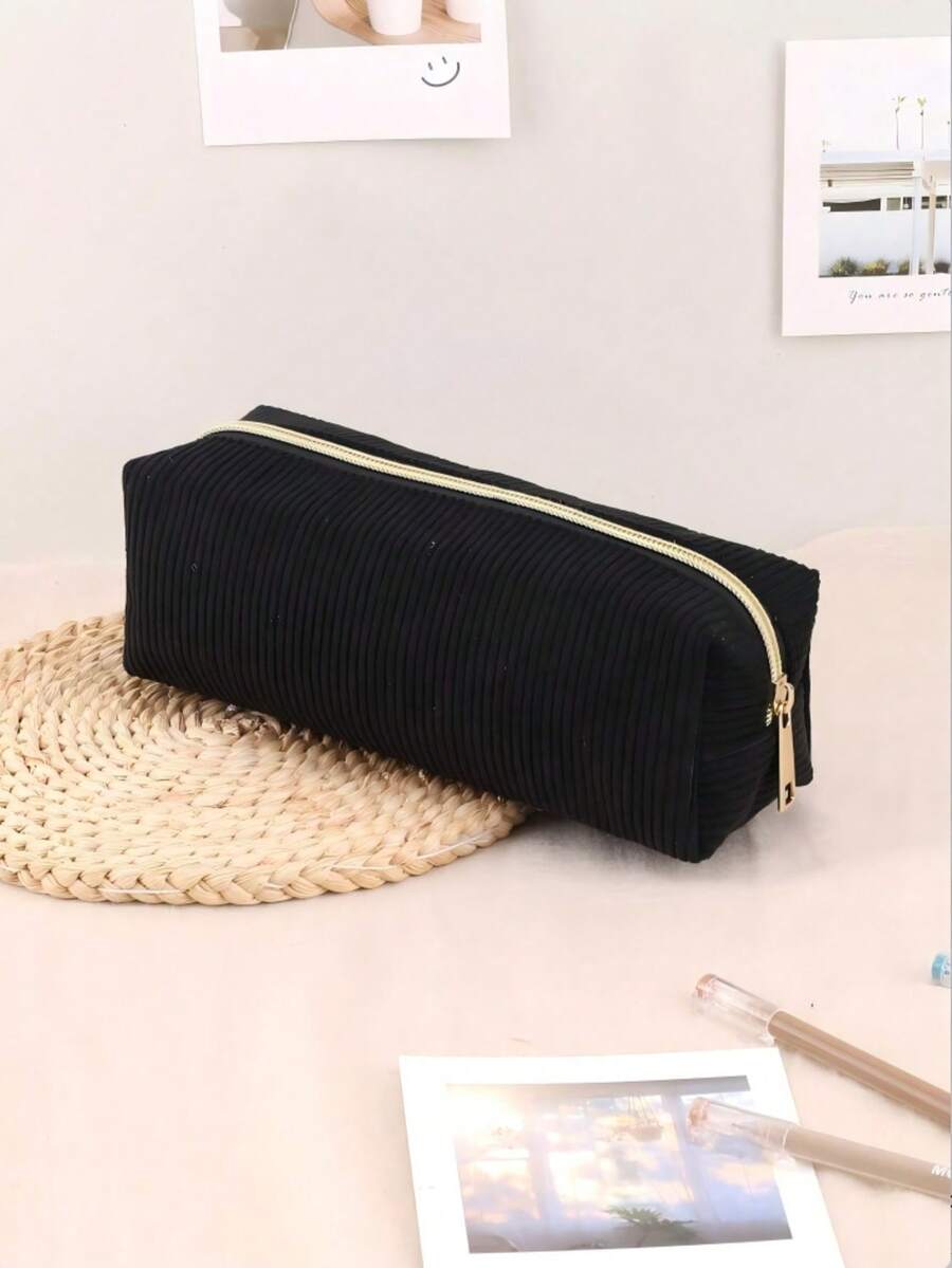 1/2pcs Solid Color Plaid Multifunctional Large Capacity Diamond Pattern Stationery Bag, Student Plush Pencil Case, Backpack Organizer - Black - View 1