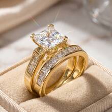 2pcs Luxury Gold Princess Cut Cubic Zirconia Ring Set, Fully Pave Stackable Wedding & Engagement Rings, Bridal Jewelry Gift For Women, Valentine's Day Present - Gold - View 11