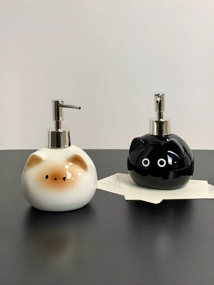 1個貓咪造型陶瓷乳液分裝瓶,可愛創意貓咪設計,壓頭式空瓶,適用沐浴露、乳液、洗髮精,浴室與廚房使用 - 多色 - 查看 1