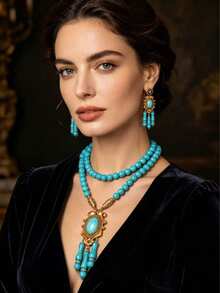 1 Pair Earrings 1 Necklace Women's Fashion Jewelry Set, Luxurious Bohemian Turquoise Tassel Classical Necklace Suitable For Party And Vacation Wear - Multicolor - View 3