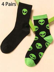 4 Pasang Kaos Kaki Gothic Hitam & Hijau dengan Warna Kontras Alien, Kaos Kaki Kasual Olahraga Pasangan, Kaos Kaki Setengah Betis yang Dapat Dipersonalisasi - MultiWarna - View 4