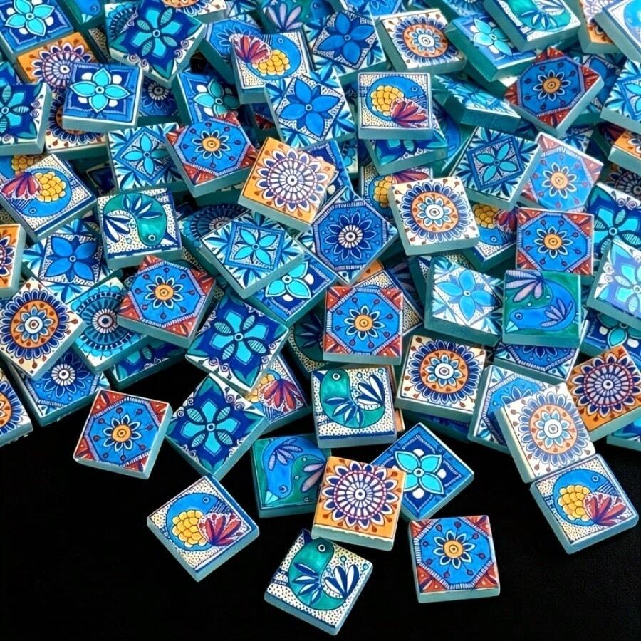 100/200g Medieval Floral & Bird Style Glass Mosaic Tiles, Spray-Painted Abstract Art Mosaic Glass Pieces, 2.3*2.3cm Mixed Random Patterns, Suitable For Art Crafts, Fish Tank & Pool Inlay, Stair & Wall Home Decor