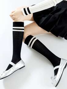 1 Pair Ladies Black Two Stripe Ribbed Calf Socks Classic Preppy Minimalist For School Work Casual Daily Wear - Black - View 5