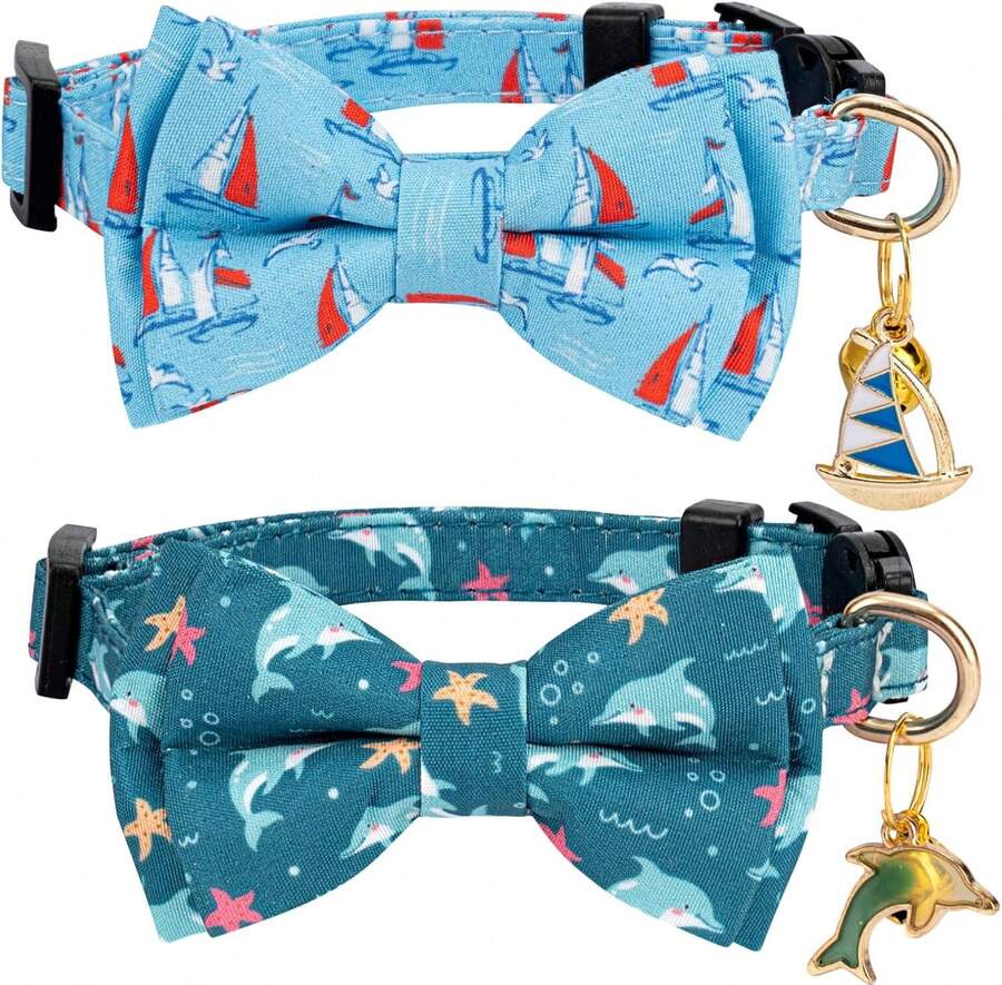 Gelwoo 2 Pack Breakaway Cat Collar With Removable Bow Tie And Bell For Boy Girl Cats,Cute Cotton Kitten Collar With Purple Lavender And Red Flower Pattern For Female Male Cats (Dolphin&Amp;Sailboat) - ColorB - View 1