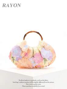 1件粉色3D貼花網紗刺繡手提包，花卉圖案，復古竹柄，雲朵包，適合度假與休閒穿著（花卉圖案隨機裁切與分佈） - 粉色 - 查看 6