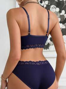 Lace Solid Color Comfortable Breathable Women's Lingerie Set - Royal Blue - View 2
