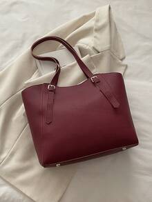 Fashionable New Solid Color Large Capacity Letter Tag Design Shoulder Bag, Minimalist Practical Commuter Style Women's Bag - Red - View 5
