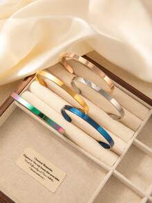 1pc Stainless Steel Solid Color Open C-Shaped Adjustable Bracelet, Minimalist Style Gold Plated Anti-Fade, Multi-Color, Daily Couple Jewelry Gift - Silver - View 2
