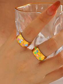 1/2pcs Stainless Steel Minimalist Fashion Colorful Oil Drop Butterfly Ring, Suitable For Women's Daily Wear And Shopping - Multicolor - View 1