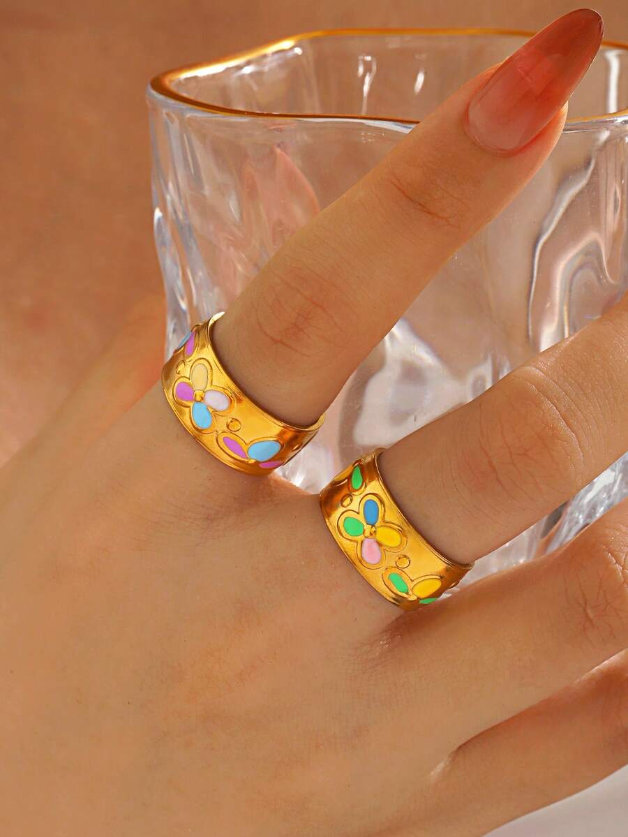 1/2pcs Stainless Steel Minimalist Fashion Colorful Oil Drop Butterfly Ring, Suitable For Women's Daily Wear And Shopping - Multicolor - View 1