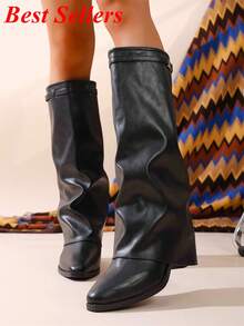 Women's Leather Flap Shark Classic Buckle High-Top Boots, Fashion Design, Suitable For -Seeking Women, Durable And Comfortable Footwear - Black - View 9