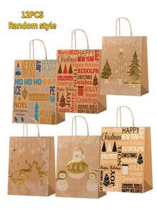 12/24pcs Gold Printed Vintage Kraft Paper Bags, Printed With Gold Reindeer, Snowman, Tree And Holiday Text Patterns. Natural Kraft Paper With Jute Rope Handles And New Year Packaging. - Multicolor - View 12