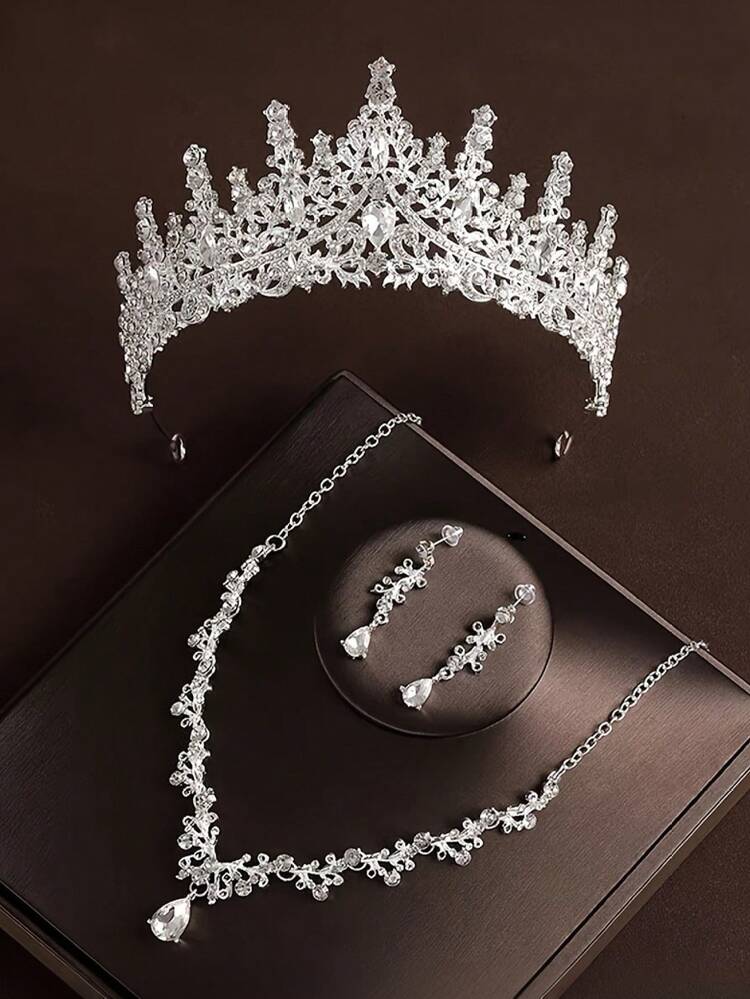 4件套复古奢华水钻皇冠项链耳环套装，优雅新娘首饰套装，锌合金头饰，适合宴会、派对、婚礼礼服配饰 - 銀色 - 查看 9