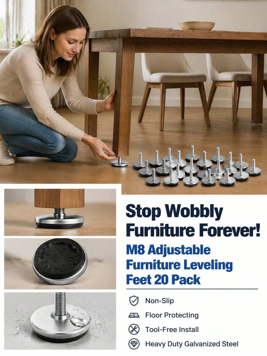 4/8/12/20pcs M8 X 20mm Screw-In Adjustable Furniture Leveling Feet, Floor Protectors For Home Furniture Table Sofa Chair Legs - A - View 1