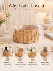 1/2pcs Handmade Pearl Princess Flower Basket, Woven Storage Basket, Handheld Flower Basket, Handmade Flower Basket, Home And Wedding Decor - Multicolor - View 3