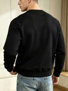 Men's Crew Neck Fleece Lined Sweatshirt, Casual Sports Long Sleeve Top, Suitable For Daily Wear, Essential Item For Autumn/Winter - Black - View 3