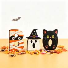 3pcs Halloween BOO Wooden Desktop Decor, Freestanding Thick Wood Decorations, Includes Mummy B, Witch Ghost And Black Cat, Cute Cartoon Layered Tray Decor, Suitable For Halloween Party, Window Display And Holiday Photo Props - Multicolor - View 7