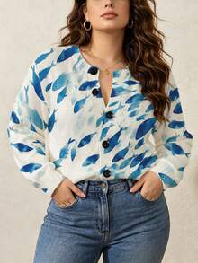 ASHKATIA Women's Plus-Size Vintage Cardigan Sweater, Fall Winter Knit For Social Occasions Blue Little Fish Pattern - Multicolor - View 12