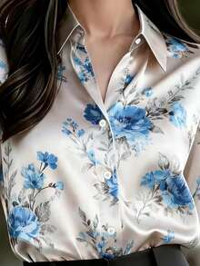 春季新款女式緞面優雅印花襯衫，前開鈕扣設計，適合商務休閒場合，可機洗 - 藍色 - 查看 2