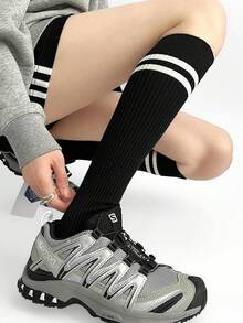 1 Pair Ladies Black Two Stripe Ribbed Calf Socks Classic Preppy Minimalist For School Work Casual Daily Wear - Black - View 1