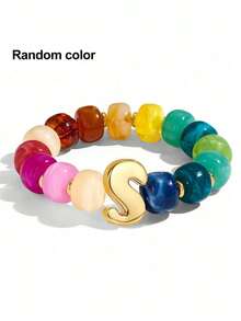 1pc Women's Rainbow Letter Beaded Bracelet, Colorful Resin Large Bead Elastic Bangle, A-Z English Letter Personalized Design, Stackable Fashion Accessory, Suitable For Daily Wear And Gifting - Multicolor - View 13