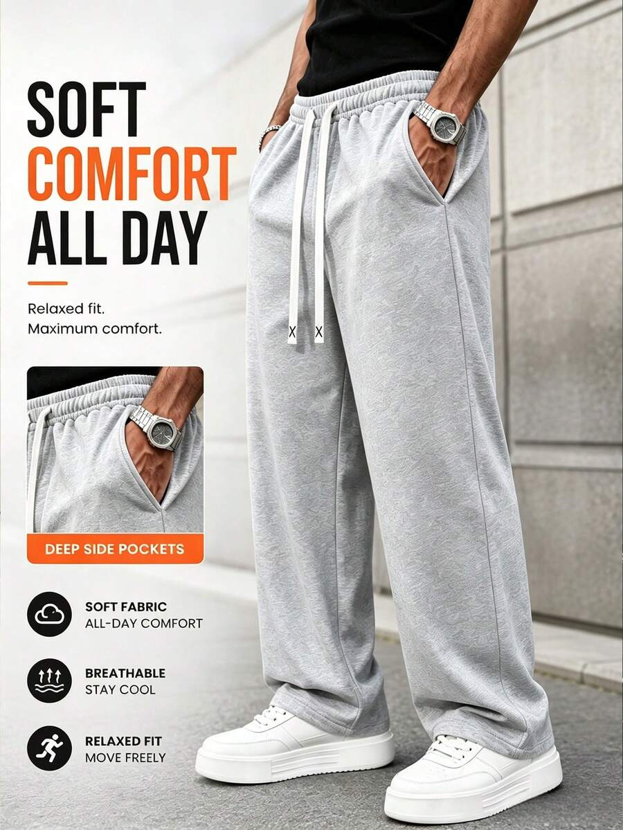 Men's Sports Casual Long Pants, Minimalist Solid Color Design, With Elastic Drawstring, Suitable For Work, Casual, Vacation, Sports, Easy To Match With Various Clothes, Men's Essential For All Seasons - Light Grey - View 1