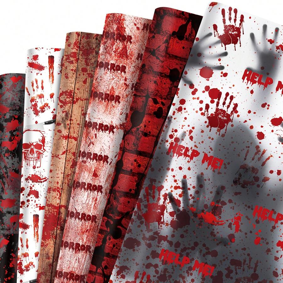 kumozawa 12pcs/Set Halloween Gift Wrapping Paper Set, Featuring Scary Bloodstain Handprints And Skull Patterns, Suitable For Zombie Party, Haunted House Decoration And Gothic Holiday Crafts - Multicolor - View 1