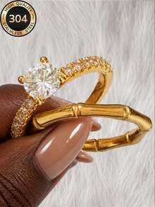 2 Peças/Conjunto Anéis de Luxo Femininos Banhados a Ouro 18K com Junta de Bambu, Aço Inoxidável 304, À Prova d'Água, Hipoalergênico, Presente para Chuveiro, Natal, Ano Novo, Aniversário, Proposta, Aniversário para Namorada e Melhor Amiga - Dourado - Visão 9