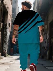 Men's Street Casual Minimalist Series "Diagonal Bird" Pattern Sports Set - Polyester Knit Fabric, Round Neck Design, Drawstring Cuffed Pants, Pocket Details, Regular Fit, Suitable For Plus Size - Black - View 2