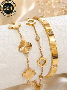 18k Gold Plated Women's Elegant Hollow Floral Bracelet & Bangle Set, 304 Stainless Steel Hypoallergenic Wear-Resistant, Suitable For Daily Wear/Summer Beach Party/Vacation/Mother's Day/Valentine's Day/Graduation Gift - Gold - View 2