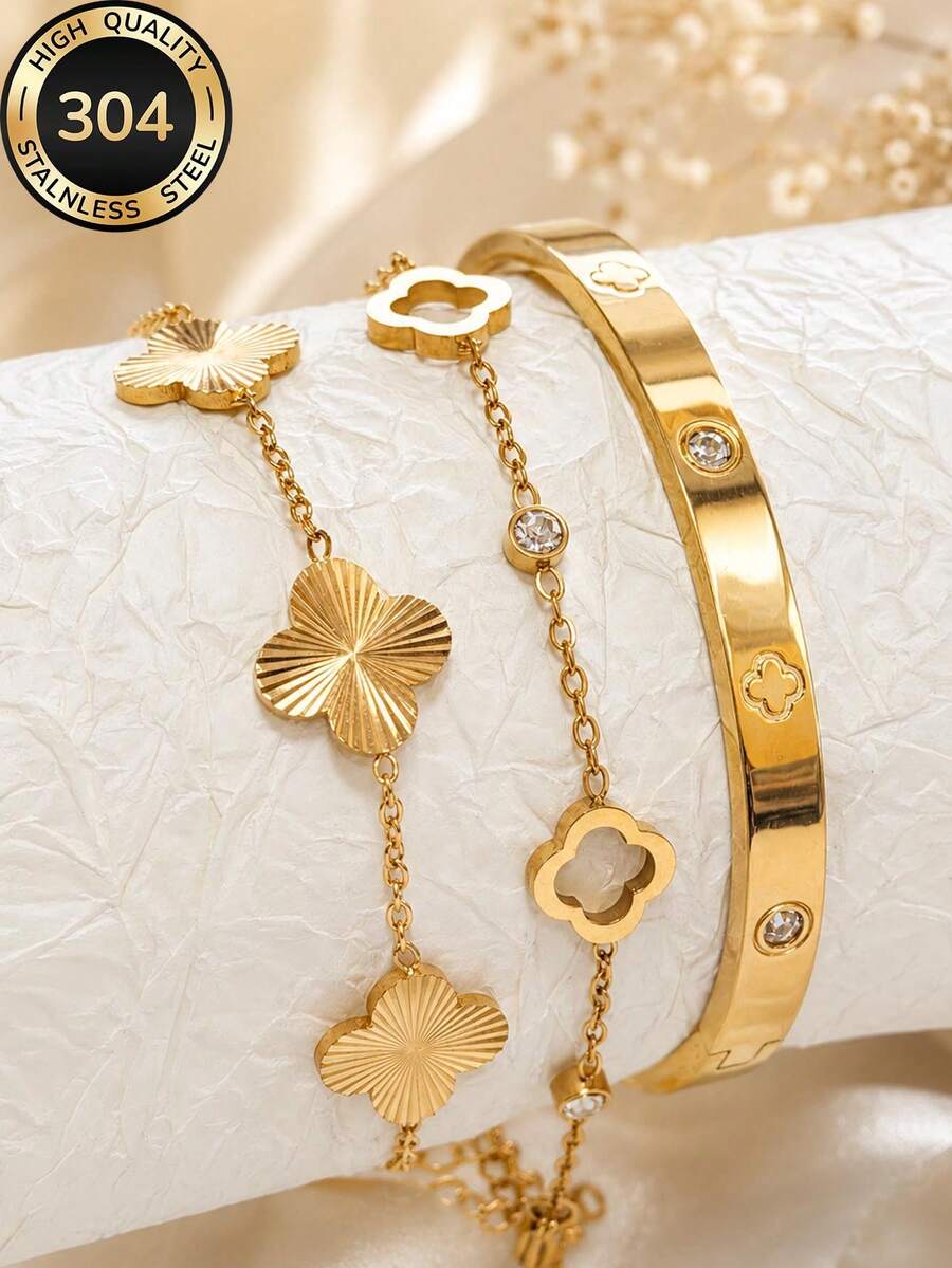 18k Gold Plated Women's Elegant Hollow Floral Bracelet & Bangle Set, 304 Stainless Steel Hypoallergenic Wear-Resistant, Suitable For Daily Wear/Summer Beach Party/Vacation/Mother's Day/Valentine's Day/Graduation Gift