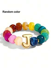 1pc Women's Rainbow Letter Beaded Bracelet, Colorful Resin Large Bead Elastic Bangle, A-Z English Letter Personalized Design, Stackable Fashion Accessory, Suitable For Daily Wear And Gifting - Multicolor - View 6
