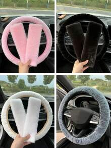 3pcs Car Plush Steering Wheel Cover And Shoulder Protector Set, 3 PiecesCombination, Suitable For Spring, Autumn And Winter Use. - A - View 1