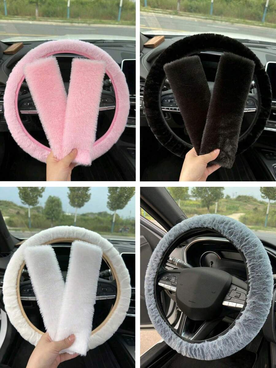 3pcs Car Plush Steering Wheel Cover And Shoulder Protector Set, 3 PiecesCombination, Suitable For Spring, Autumn And Winter Use. - A - View 1