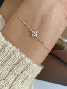 Sparkling Four Leaf Clover Charm Bracelet Delicate Thin Link Adjustable Bracelet Elegant Birthday Jewelry Gift For Ladies - Gold - View 2