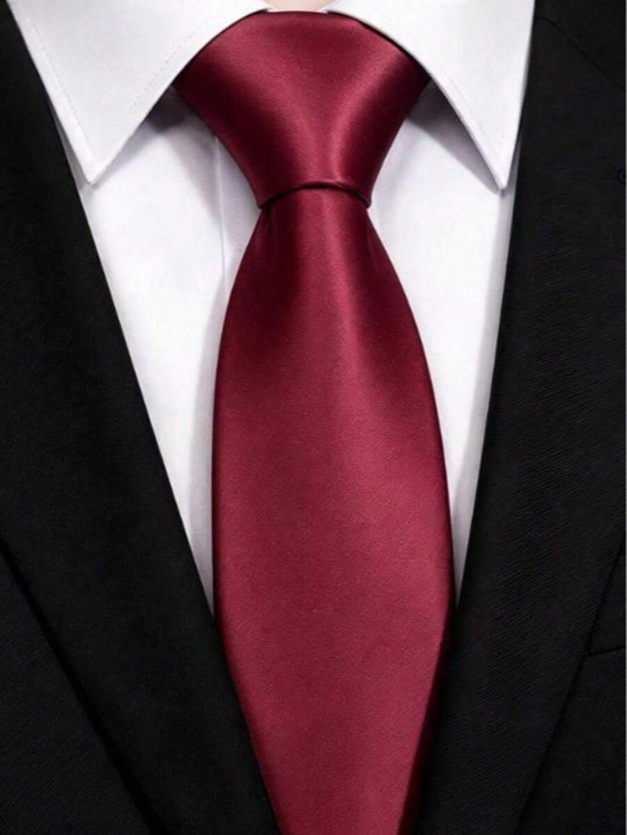 1pc Solid Color Satin Necktie, Men's Solid Color Necktie Suitable For Business And Wedding (7cm) - Burgundy - View 1