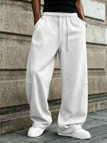 Men's Loose Wide Leg Sweatpants, Men's Sports Long Pants, Solid Color Design With Drawstring Detail, Long Casual Style Sweatpants, Polyester Fabric, Suitable For Daily Wear, Sports And Other Occasions, Versatile Item For Autumn/Winter - Light Grey - View 2