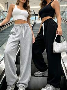 [2pcs]Women's Solid Color High-Waist Wide Leg Sweatpants Tops, High Elastic Waist With Contrast Drawstring, Home Leisure Fall Sports - Multicolor - View 1