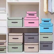 1pc Washable Linen Foldable CD Storage Box, Collapsible Storage Bin With Lid, Toy Organizer Basket, Laundry Basket,Bedroom Room Decor,Back To School - Pink - View 6