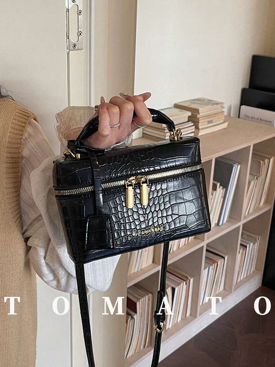 1件時尚女款斜挎包，純色方形手提包，盒型包，PU皮革材質，拉鍊開合，可調節肩帶，休閒日常包，適合年輕女性－旅行、工作、購物、約會、禮物、辦公室